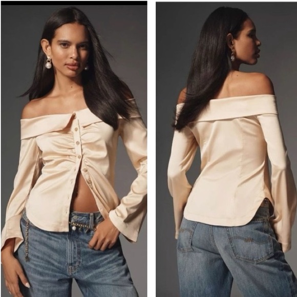By Anthropologie Off-The Shoulder Collared Silky Shirt Size XS - Picture 4 of 17